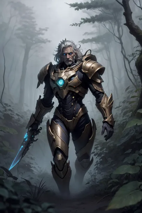 a man in armor walking through a forest with a sword