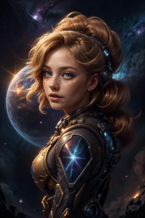 a woman with a futuristic look and a space background