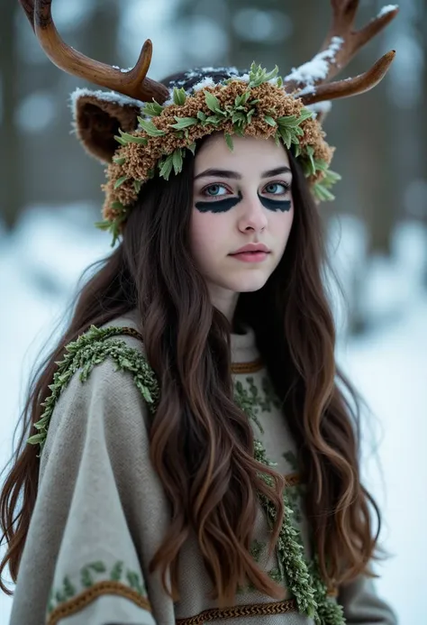 a young shaman woman, plant outfit, wearing antlers, snow, black makeup around the eyes