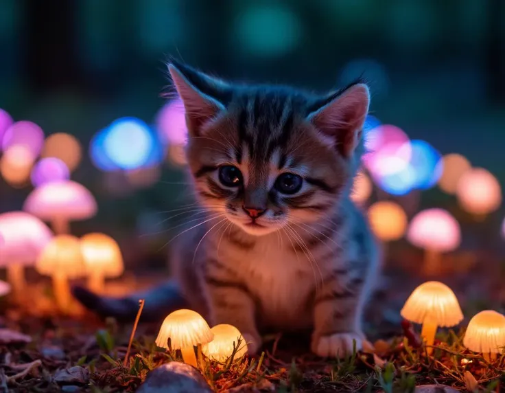 a kitten eating glowing magic mushrooms. glowing mushroom field, colorful