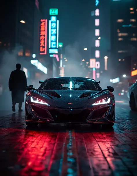 cinematic film still cyberpunk sportscar riding into a dark neon lighted city, amazing details, masterpiece, high quality photog...