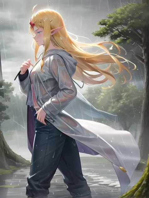 a woman in a raincoat walking through a forest with a sword