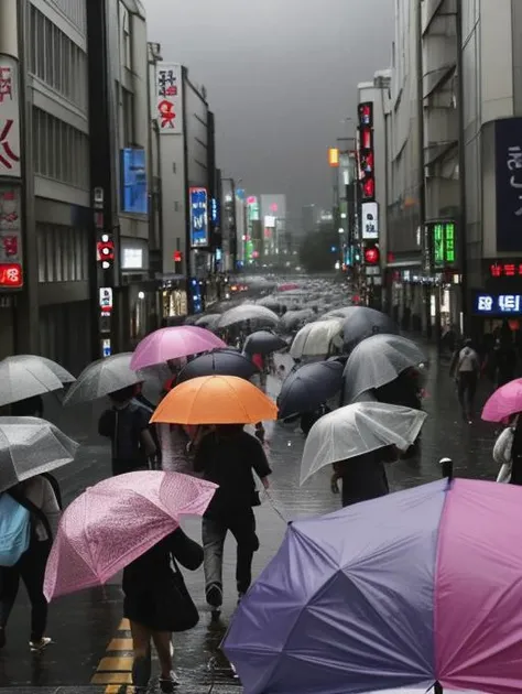 people walking down a street with umbrellas in the rain