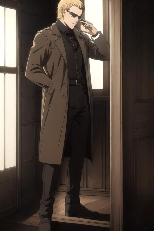 a man in a trench coat standing in a doorway