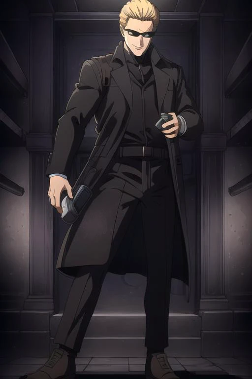 a man in a black coat and sunglasses holding a gun