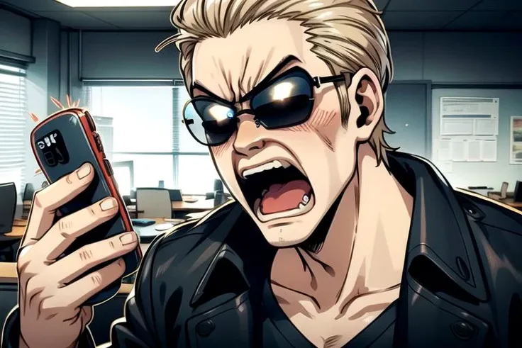 anime character with sunglasses holding a cell phone in a room