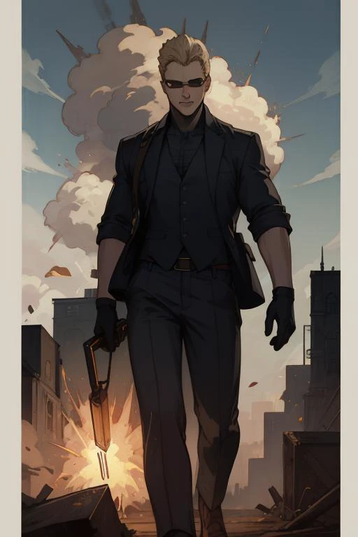 a man in a suit and tie holding a gun in front of a city