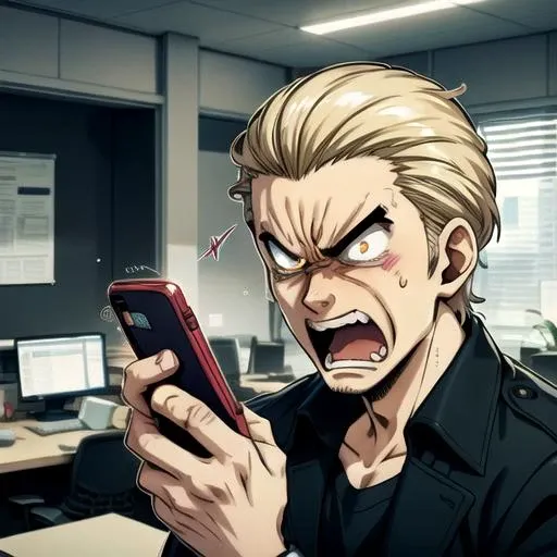 anime character holding a cell phone in his hand and yelling