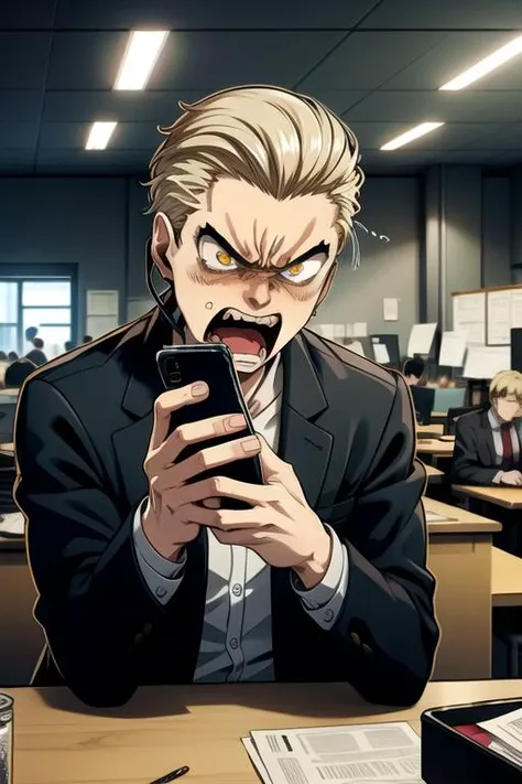 anime character with a phone in his hand in a classroom