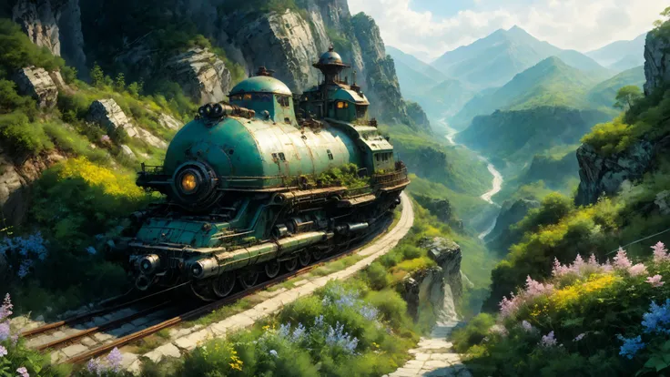 fantasy illustration of a steampunk rescue ship driving along a snaking mountain path with a vast panorama of the landscape, scene decorated by pastel colored wildflowers and dense green bushes along the track illuminated by the soft light of the sun. In t...