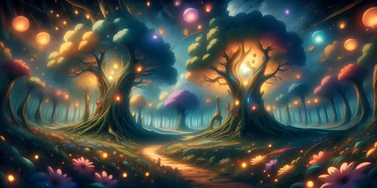 a painting of a forest with many trees and lights