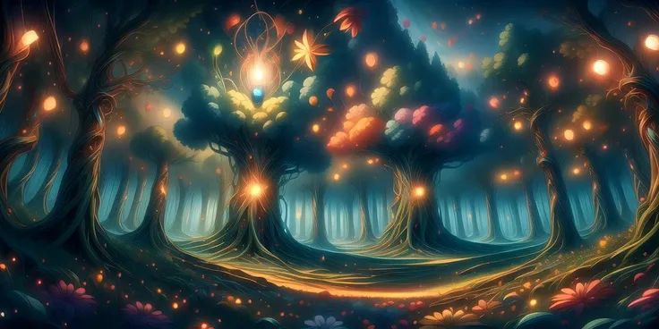 a painting of a forest with many trees and lights