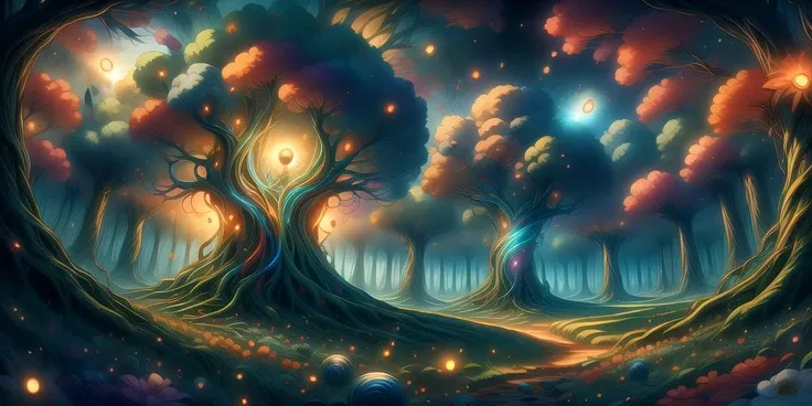 a painting of a forest with a tree and a light in the middle