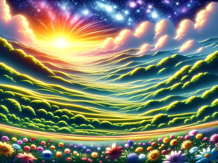 a painting of a colorful sunset over a field of flowers