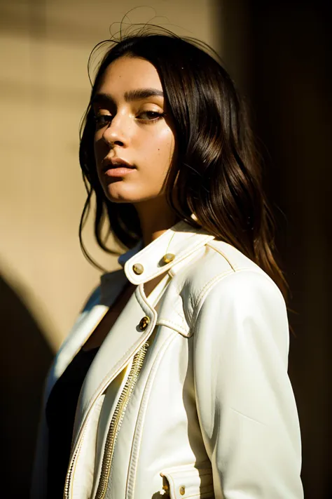 arafed woman in a white jacket and black dress standing in front of a building