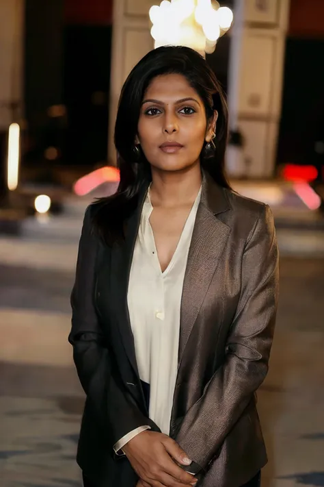 a woman in a suit standing in a city street at night