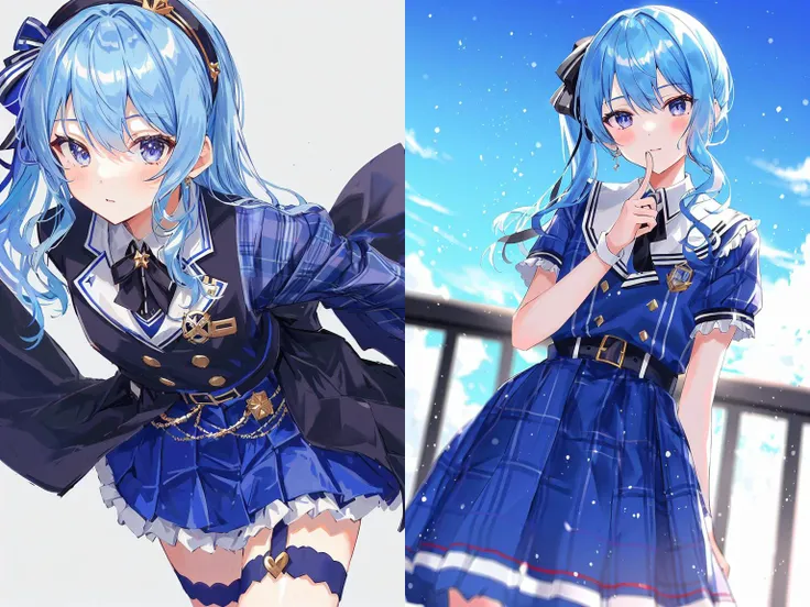 anime girl in blue dress with a microphone and a blue sky background