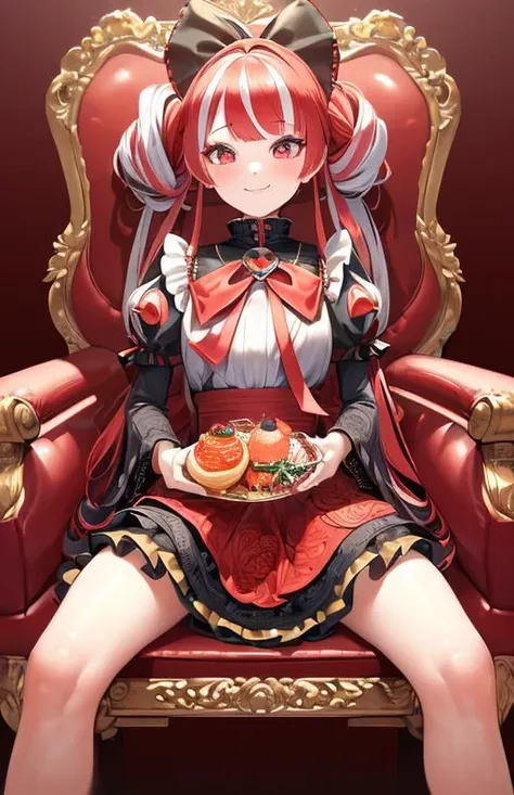 a woman sitting on a red chair holding a plate of food