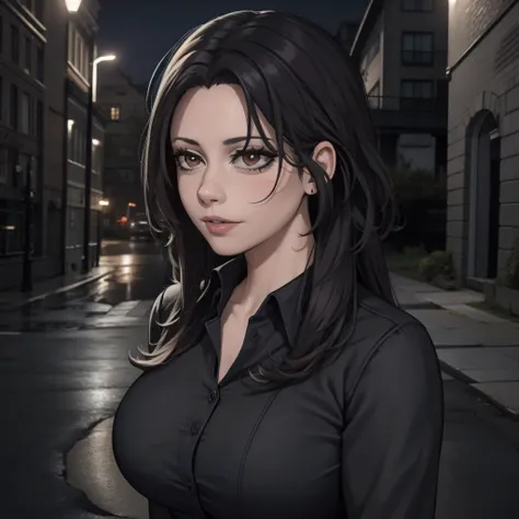 a woman in a black shirt standing in a street at night