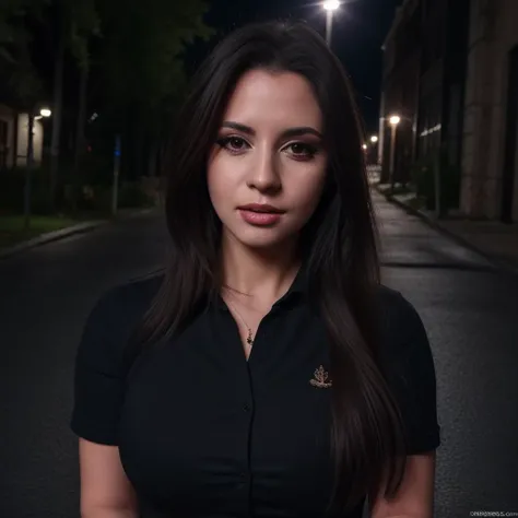 a close up of a woman standing on a street at night