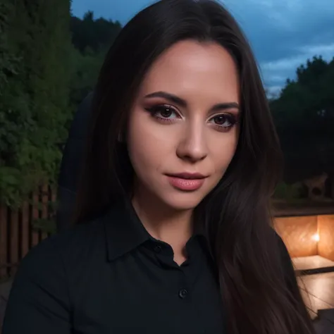 a close up of a woman with long hair and a black shirt