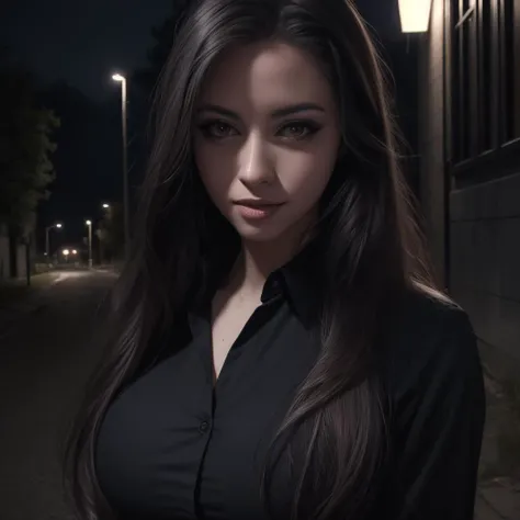 a close up of a woman in a black shirt standing on a street