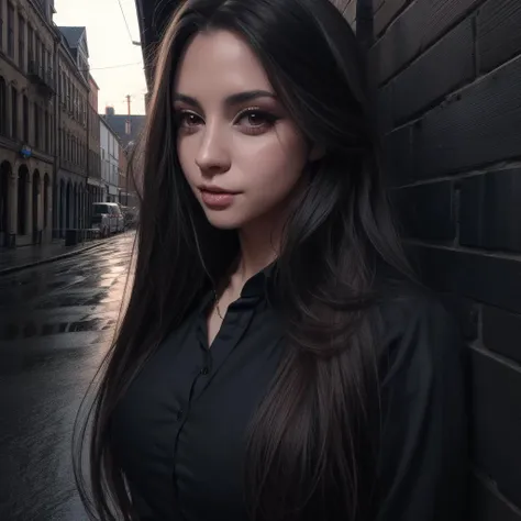 a close up of a woman with long hair standing in front of a brick wall