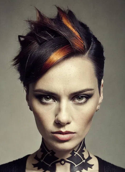 portrait of sks woman by Flora Borsi, style by Flora Borsi, bold, bright colours, orange Mohawk haircut, ((Flora Borsi)), <lora:locon_cara_v1_from_v1_64_32:1.4>