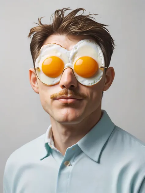 a man with a mustache and a pair of eggs on his face