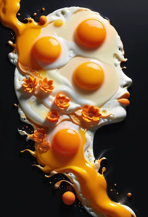 a close up of a fried egg with orange juice on a black surface