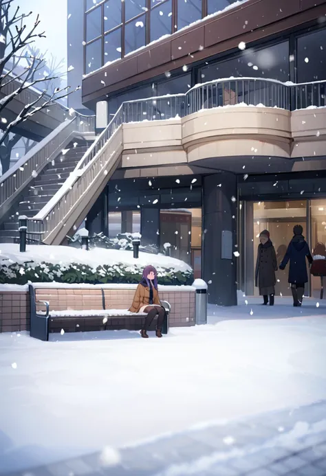 snowy scene of a woman sitting on a bench in front of a building