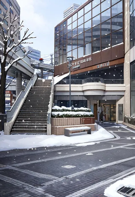 snowy scene of a city street with a building and stairs