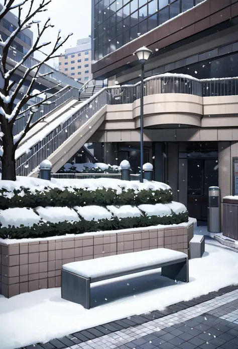 snowy scene of a bench and stairs in front of a building