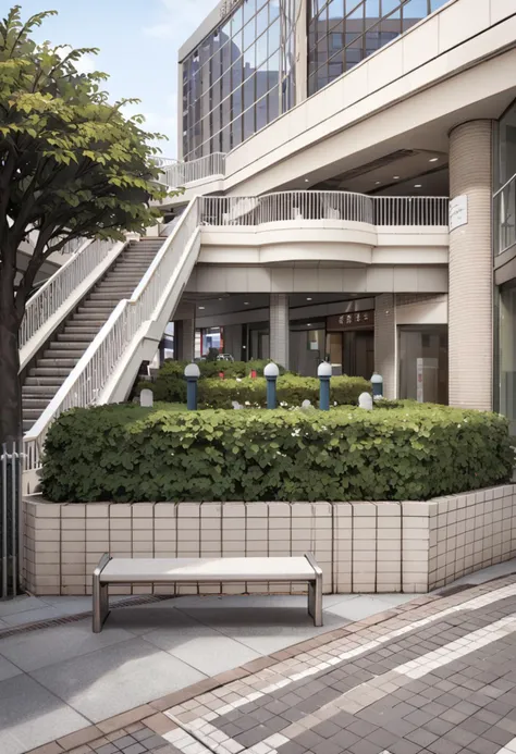 there is a bench sitting on the sidewalk in front of a building