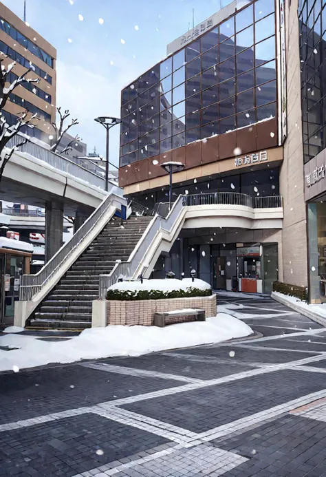 snowy scene of a city street with a building and stairs