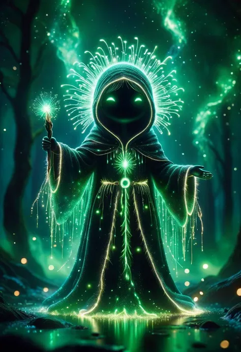 a green and black image of a person holding a wand in a forest