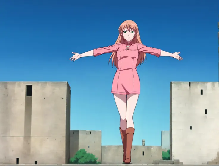 anime girl in pink dress standing on a ledge with arms outstretched