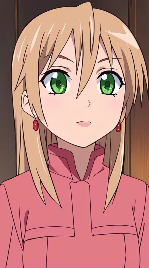 a woman with green eyes and blonde hair wearing a pink shirt