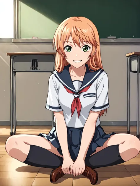 anime girl sitting on the floor in a classroom with a blackboard