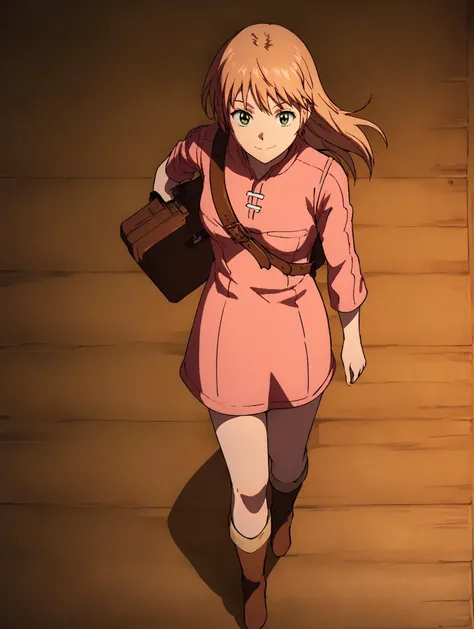 anime girl in pink outfit walking down a wooden floor