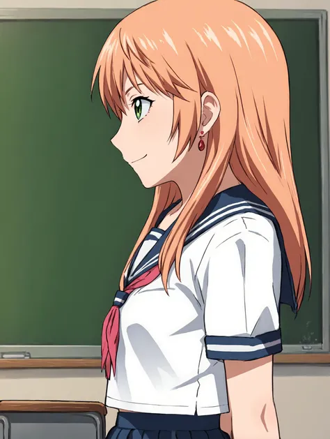 anime girl in uniform standing in front of a blackboard