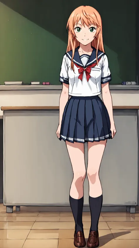 anime girl in school uniform standing in front of a chalkboard