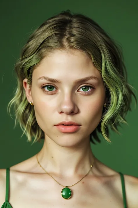 realistic photo of <lora:sd15_BeritBirkeland_locon_48_v1-000012:1> BeritBirkeland, focus on eyes, close up on face, pouting, wearing jewelry, sage green color hair styled as Curly Retro Bob, vignette