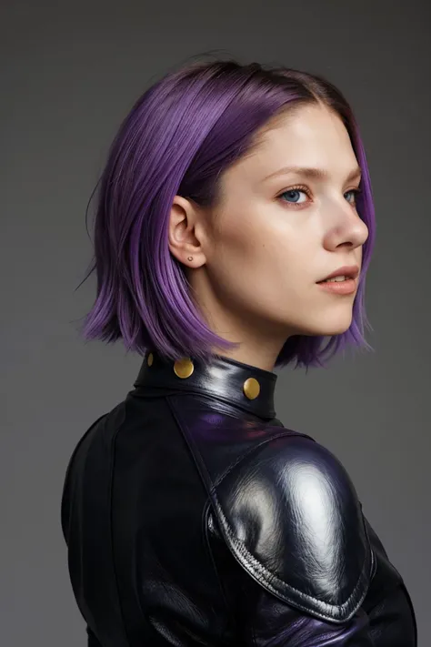 headshot of realistic photo of <lora:sd15_BeritBirkeland_locon_48_v1-000012:1> BeritBirkeland, focus on face, from behind wearing leather armor , her purple pizzazz color hair is styled as textured lob,