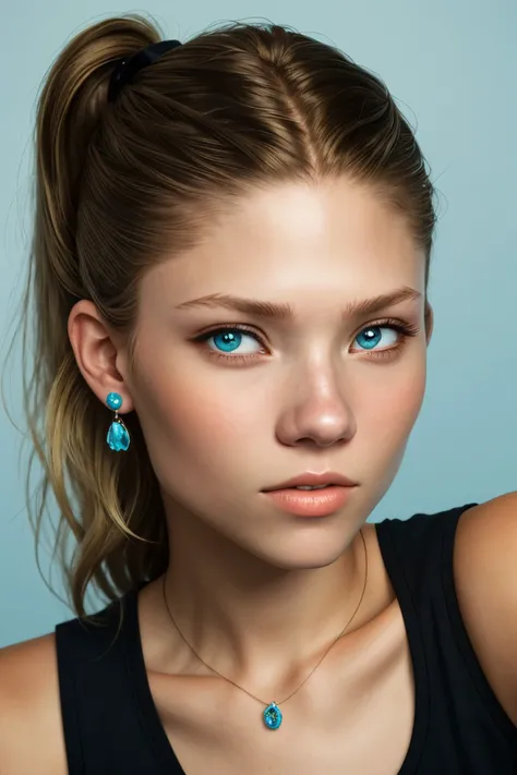 realistic photo of <lora:sd15_BeritBirkeland_locon_48_v1-000012:1> BeritBirkeland, focus on eyes, close up on face, wearing jewelry, dark cyan hair styled as side ponytail, soft fill lighting