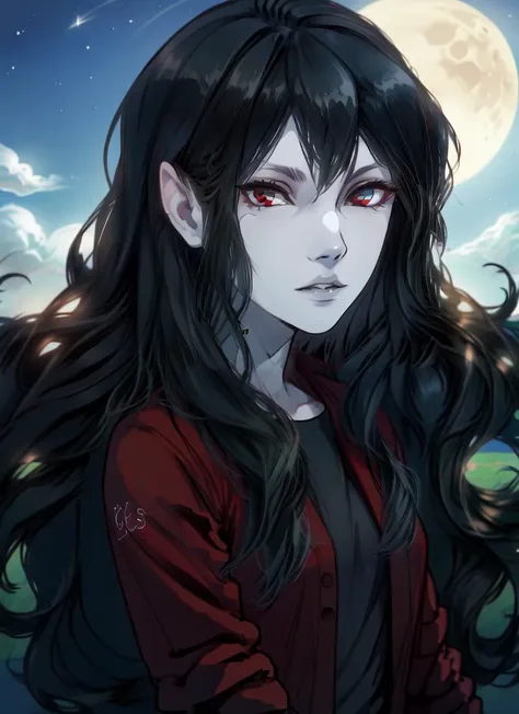 a girl with long black hair and red eyes standing in front of a full moon