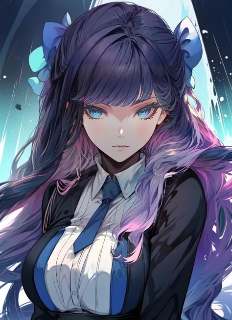 anime girl with long purple hair and blue eyes in a black dress