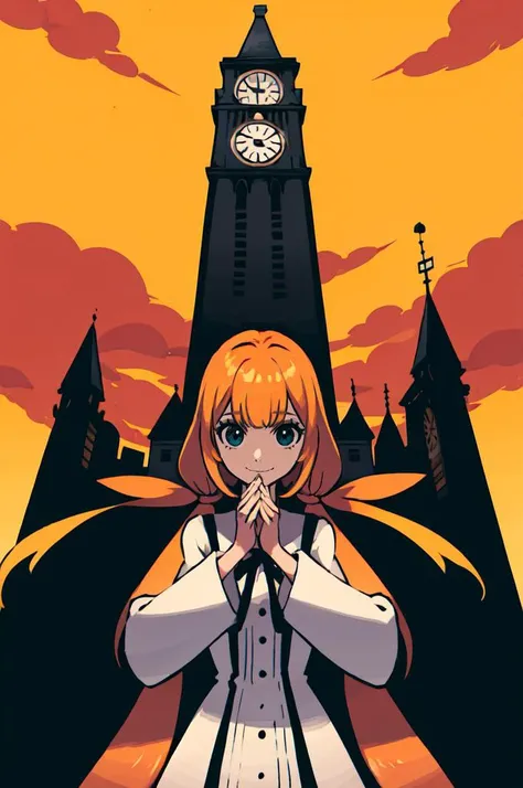 anime girl in front of a clock tower with a sky background