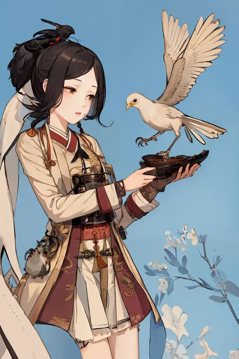 shinyunbok style, A steampunk girl with delicate lace gloves, holding a mechanical bird in her hand.<lora:shinyunbok:0.5>