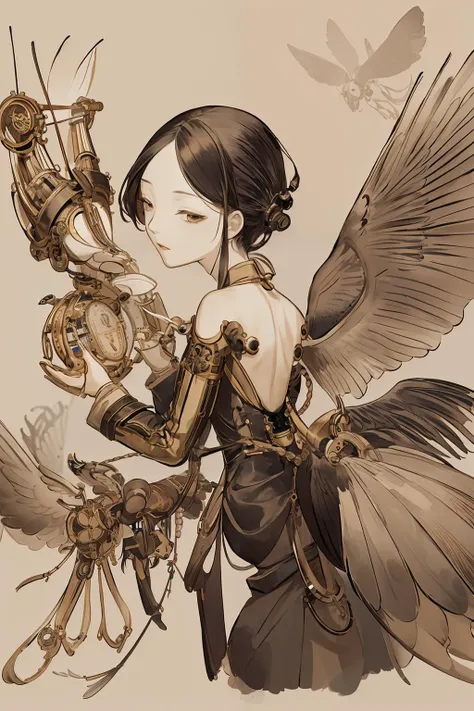 shinyunbok style, A portrait of a steampunk girl with mechanical wings extending from her back, resembling a clockwork angel.<lora:shinyunbok:0.5>